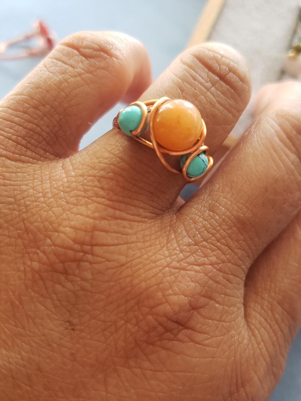 New Handcrafted Copper Ring with Orange and Turquoise Beads